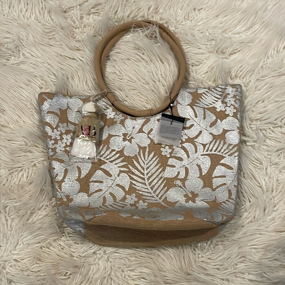 America and beyond jute tote With silver leaves and flowers